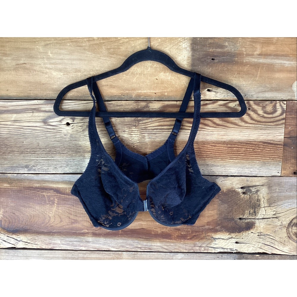 Vtg Victoria  Secret sheer black lace underwire snap front bra size 40 D